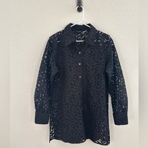 Natori Scroll Lace Women’s See Through Long Sleeve Shirt Top Date Night Medium